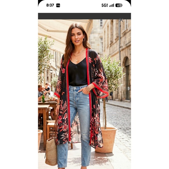 Vince Camuto Tops - Vince Camuto Floral Kimono Wrap Black Red Butterfly Tassel Coverup One Size